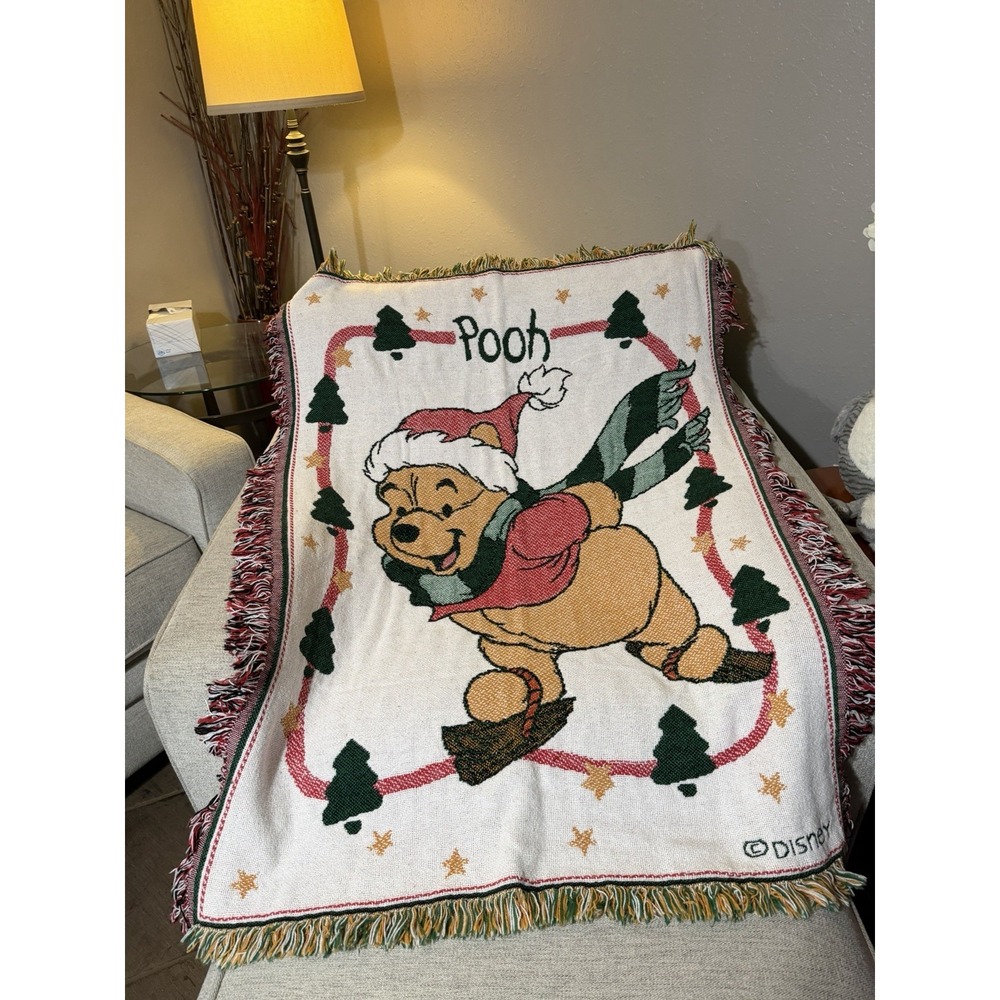 Vtg 90s Y2K Disney Winnie the Pooh Christmas Tapestry Throw Blanket 44x34